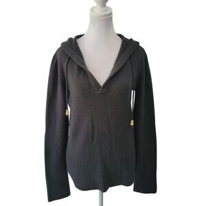 Roots 73 Size M Hooded V-Neck‎ Knit Sweater Wood Bead Tie Drawstring Hem